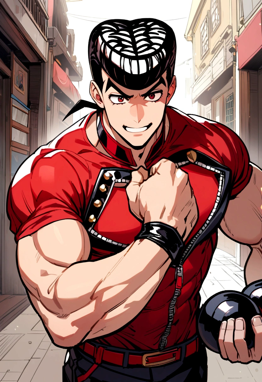 a happy and angry muscular boy with short black pompadour hair in a red shirt similar to josuke higashikata with a dumbbell in his hand