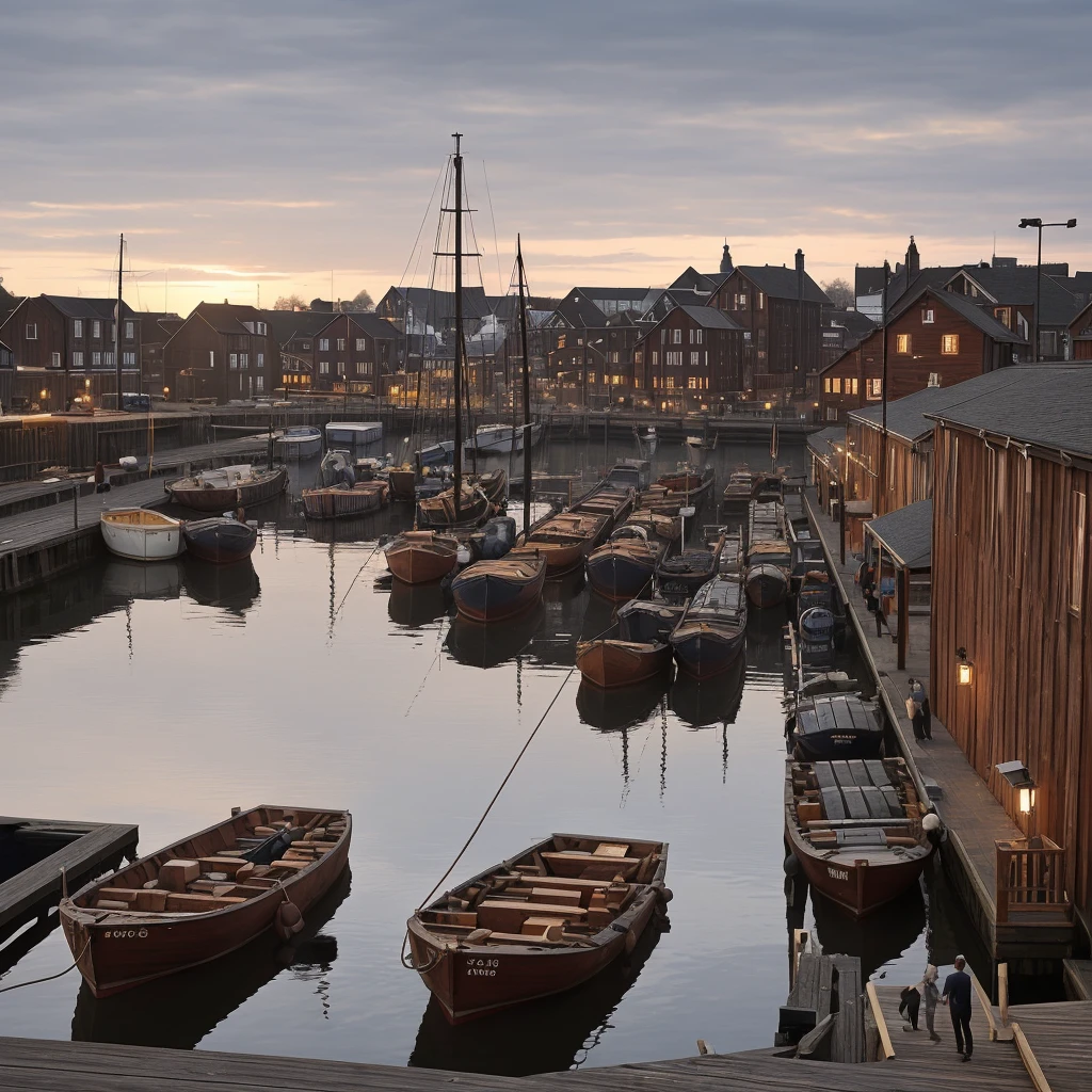 19th century industrial dockyard. Boats and wooden wharfs sit on the water near industrial buildings and cobbled streets under a dark gray sky and sunset, with dock workers walking about and loading crates. realistic industrial painting, dock scenery, contrast, lighting, shadows, crates, casks, ropes, detailed, textured, iron, planks, cobblestones, bricks, rippled water, people, dock workers
