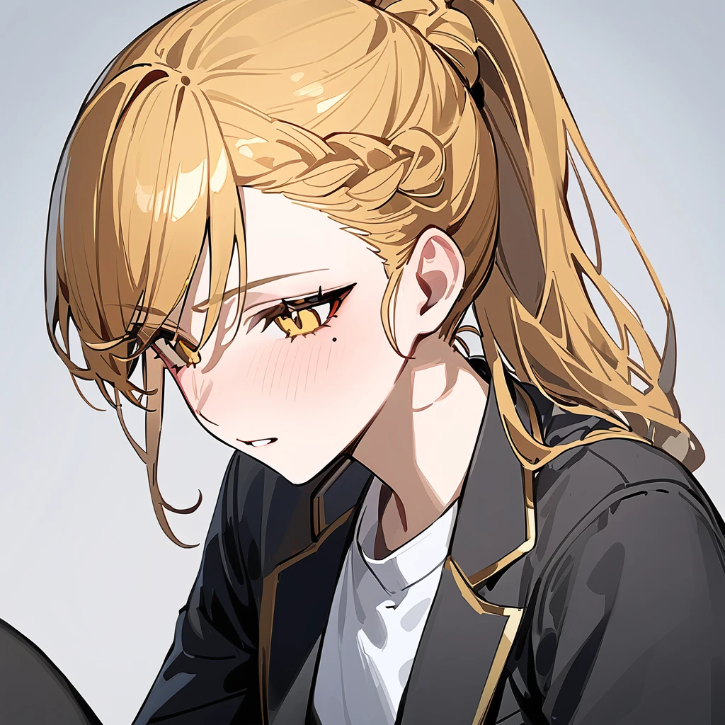 ((Best quality)), ((Masterpiece)), (Detailed), perfect face Tokyo Revengers style, blonde girl, orange-blonde hair, blonde, ponytail hairstyle, hair tied in a ponytail, Bright yellow eyes, sharp yellow eyes, Small mole under the eye, Little black mole, Calm looks, Tsundere