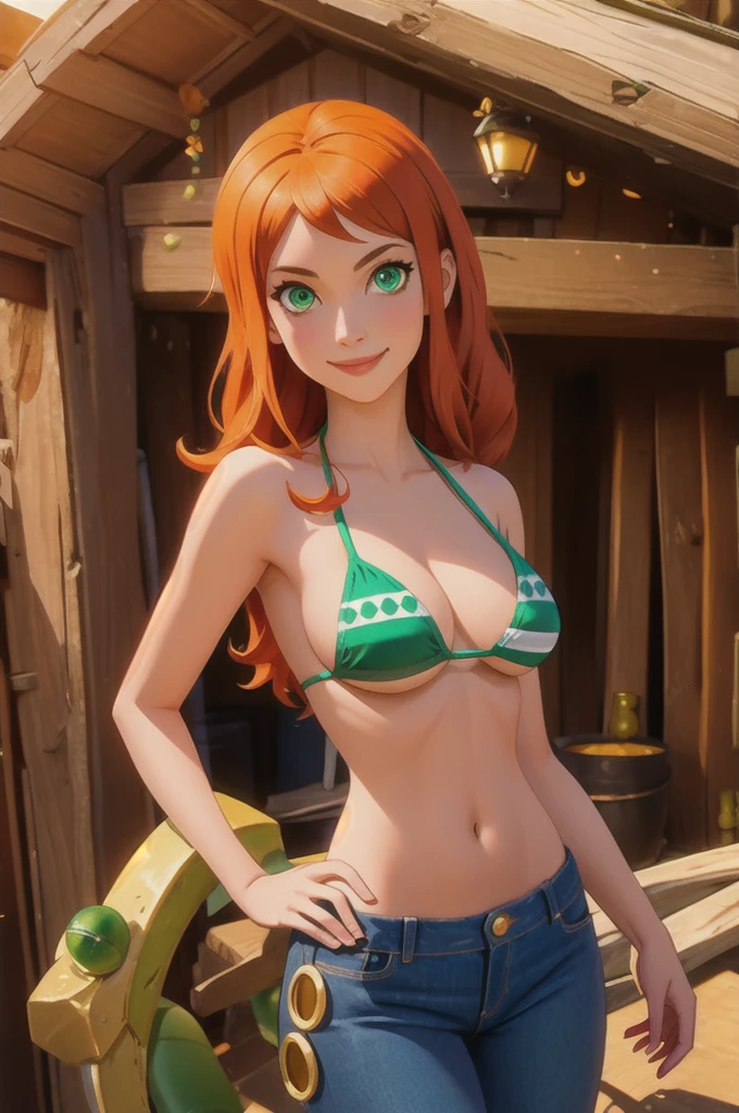 (masterpiece, best quality:1.2), intricate details, nami cosplay, bikini, jeans, light smile, valorantViper, green eyes