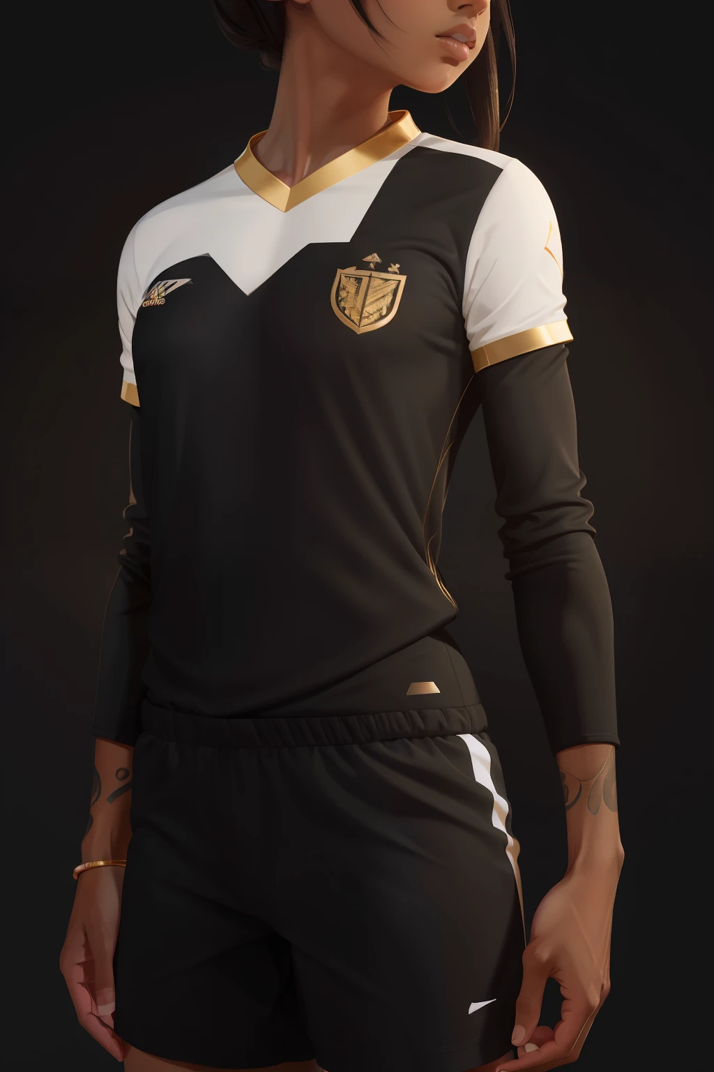 Create a soccer jersey, meticulously designed with a captivating half-black and half-white color scheme. Gold details accentuate the design, elegantly balancing the contrast. On one half, a sleek, matte black dominates the palette, beautifully juxtaposed with the vibrant white on the other side. The golden details add a touch of sophistication, enhancing the overall aesthetic. This Masterpiece, presented in 4K Ultra High Definition with a 1.2 aspect ratio, promises an extraordinary level of detail and crystal-clear imagery, ensuring it stands out on any field.
