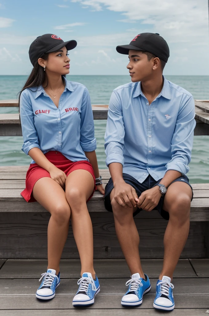 Teenage couple sitting on the boardwalk in Veracruz (girl with sky blue shirt and high heels sneakers, No cap) (boy in red shirt and gray cap with black)