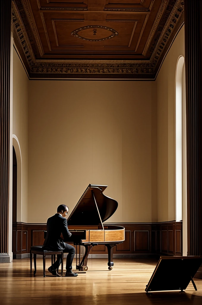 Person giving an empty concert playing the harpsichord