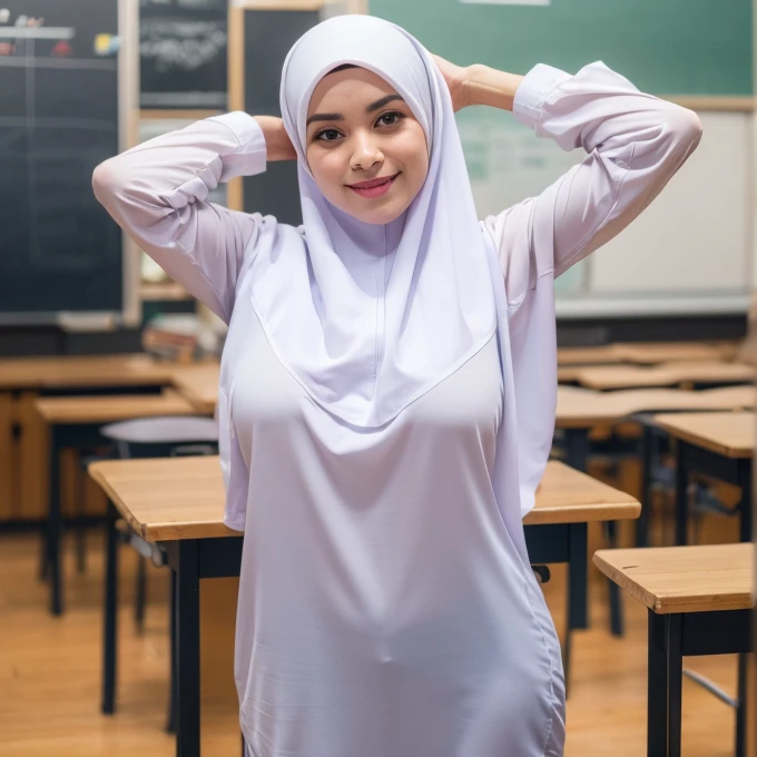 1girl, white dress, wearing hijab, blue skirt, long sleeve,, classroom background, beautiful, pretty, blushing, flawless, best quality, masterpiece, ultra high res, (photorealistic:1.4), raw photo, (large breasts,full body:1.2), ((closed clothes)), ((both arms behind the head)), ((wearing short hijab))