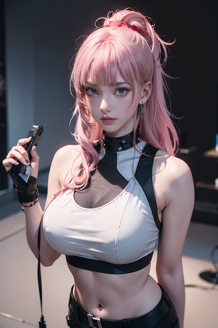 Highest quality, Ultra-high resolution, Realistic, Cyberpunk  pink hair girl、Take photos in a studio environment with a gray background, View your audience, Upper Body, thin, Visible Cracks, Crop top,,(The clothes are ), (:0.5)