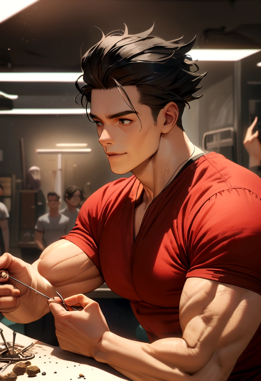 a happy muscular boy with short black hair in a red shirt being pricked by a needle 