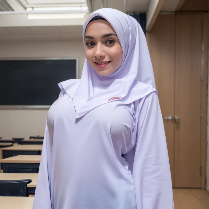 1girl, white dress, wearing hijab, blue skirt, long sleeve,, classroom background, beautiful, pretty, blushing, flawless, best quality, masterpiece, ultra high res, (photorealistic:1.4), raw photo, (large breasts,full body:1.2), ((closed clothes)), ((both arms behind the head)), ((wearing short hijab))