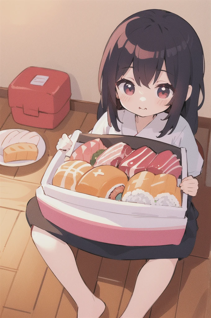 (finely best quality illustration:1.20), (kawaii girl:1.10), (1girl, solo:1.00), a girl eat sushi happily