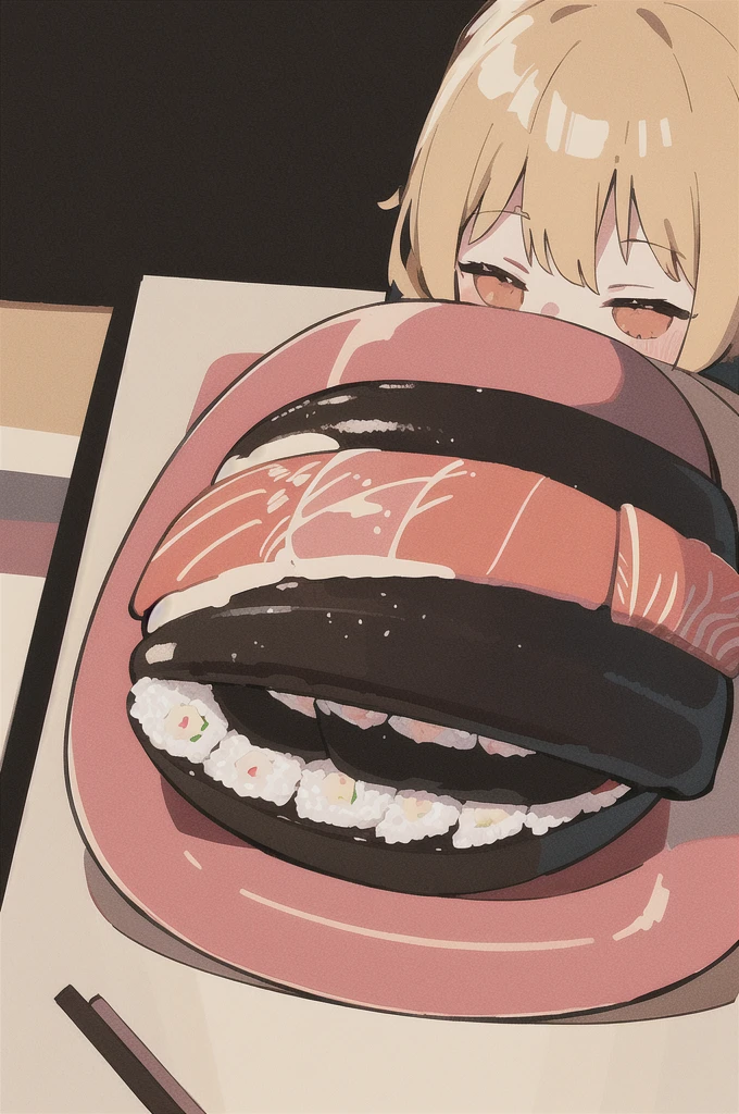 (finely best quality illustration:1.20), (kawaii girl:1.10), (1girl, solo:1.00), a girl eat sushi happily