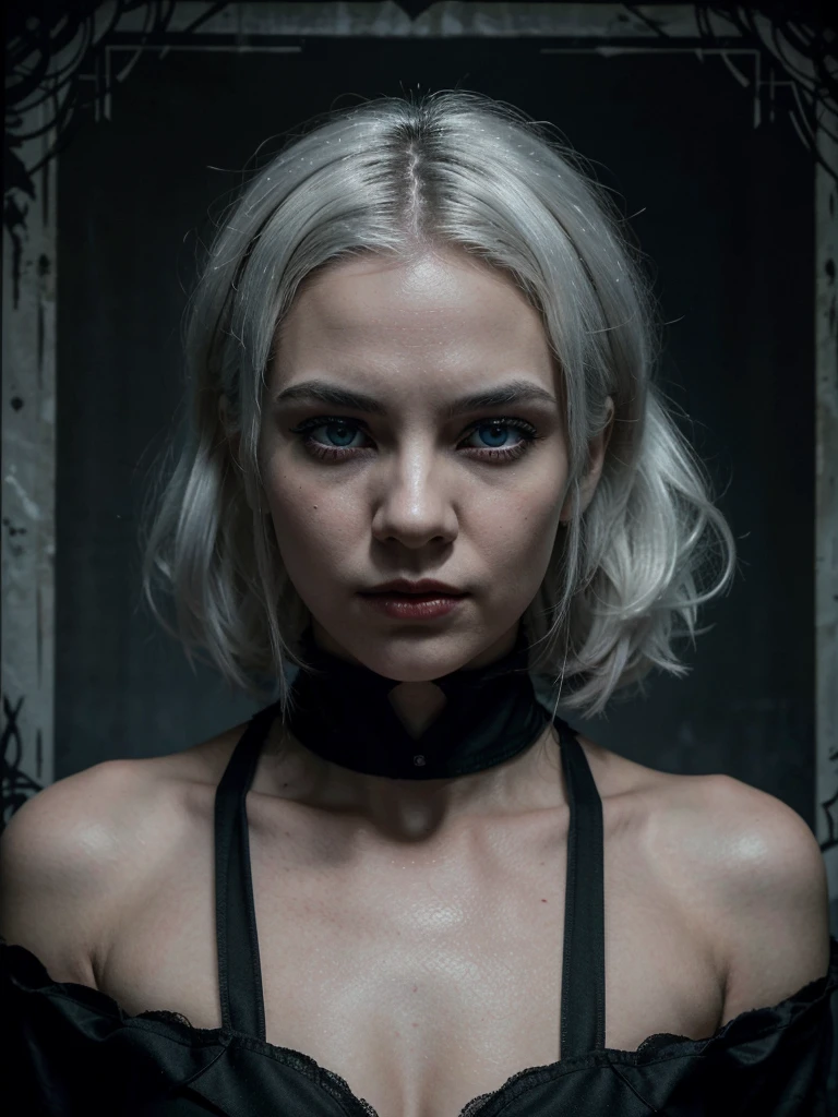 For your cinema launch poster for Igor Santos' film “Hell Girl” & Aline Venzke, produced by Visionário Estúdios, imagine the following design:

center image: A stunning woman with snow-white hair, light blue eyes and white skin. She is facing the camera with a serious and determined expression., conveying a villainous aura reminiscent of the character from the 2011 film “Hell From Hell”.
fund: A deep, dark night sky that melts into intense black, punctuated by silhouettes of distant houses, creating a mysterious and dark atmosphere.
Additional Elements: Subtle touches of blood in the corners of the poster, suggesting a vampiric nature without being overly graphic. The woman's lips are prominent and dyed a dark red, giving a more dynamic and  look to the image.
Title: The title “Hell Girl” is highlighted in a gothic or modern font, with a subtle touch of red to complement the dark theme.