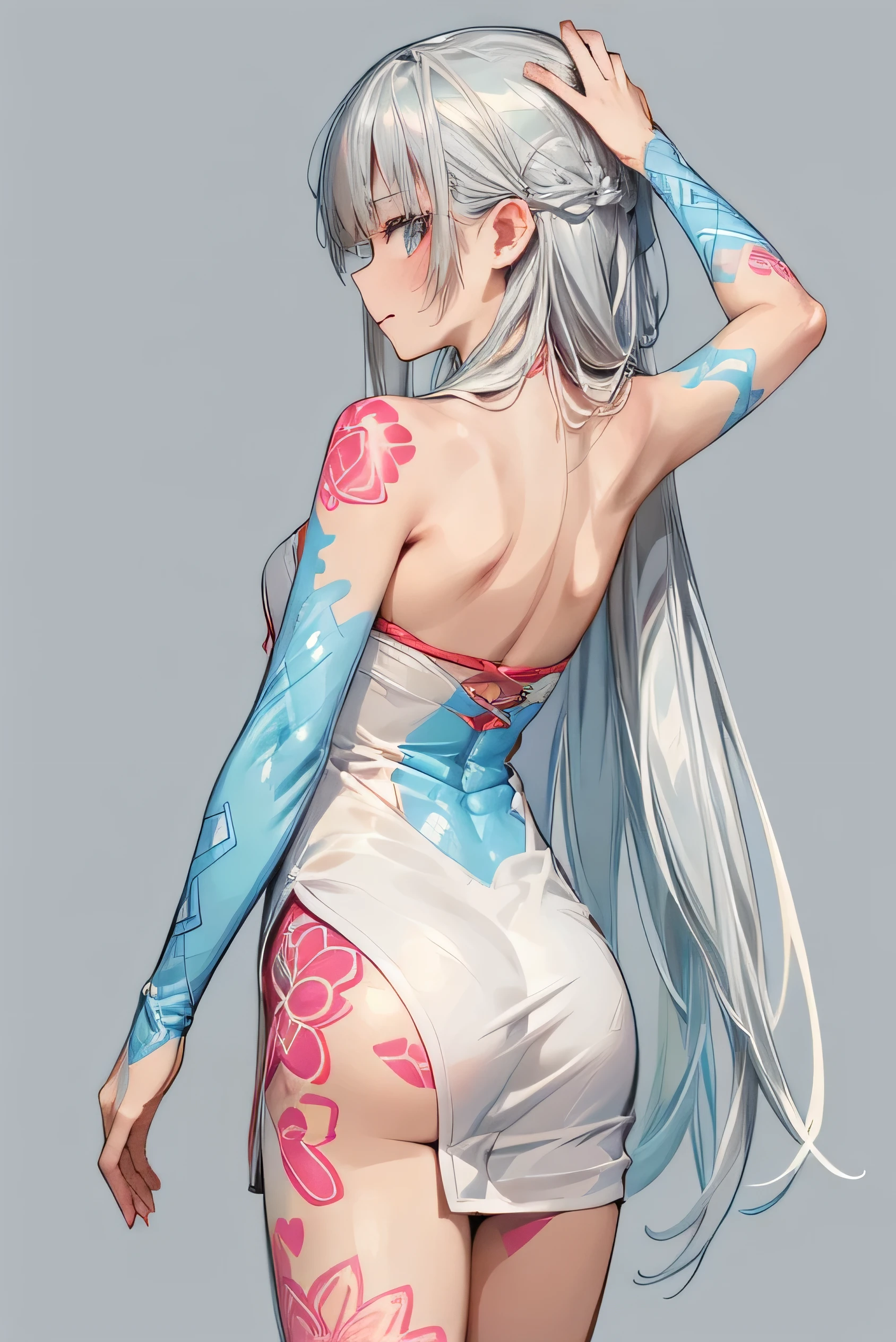 (Super detailed、Ultra-high resolution、Detailed Background)、((Flat Color))、((colorful))、((浮かぶcolorfulな水))、1 female、break、body paint、Feminine beauty、Warm body type、 1.8、Sexy Random Pose、Back view、
Long Hair、Silver Hair、micro mini dress