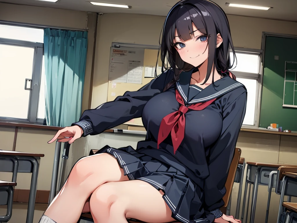 high school girl、Dressed in high 、School classroom、(Big Breasts)、((独奏))、(((alone)))、smirk,Cheek resting on hand、Crossing legs