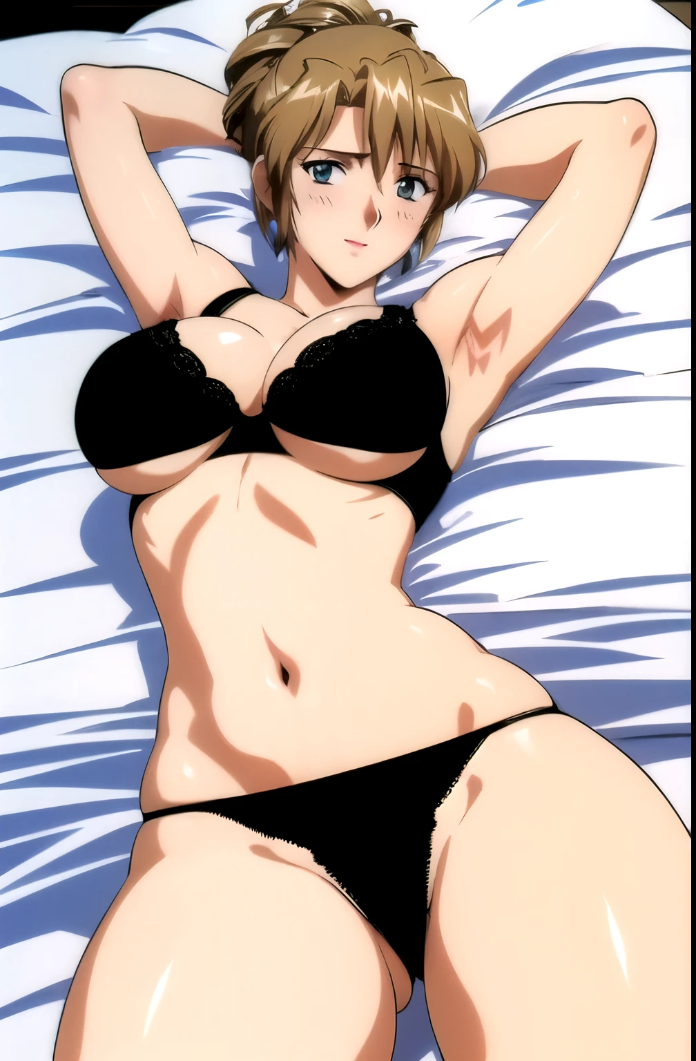 Highest quality, High resolution, masterpiece, Symmetrical eyes, Beautiful Eyes, Detailed face, Bright green eyes, One Woman, 40Attractive woman in her s, First Default, Look back here, Very detailed, (Perfect Anatomy), (Perfect Fingers:1.5), Cowboy Shot, Bedroom, White bed, (Lying in bed:1.5), Folded ponytail, short hair, Earrings, (smile), (blush), Light Pink_lips, (Arms behind head:1.5), Large Breaide pelvis:1.5), (Thick thighs:1.5), (Very big ass:1.5), (ck_bra:1.5), (Spread your legs), (black_panties:1.5), tic:1.1)