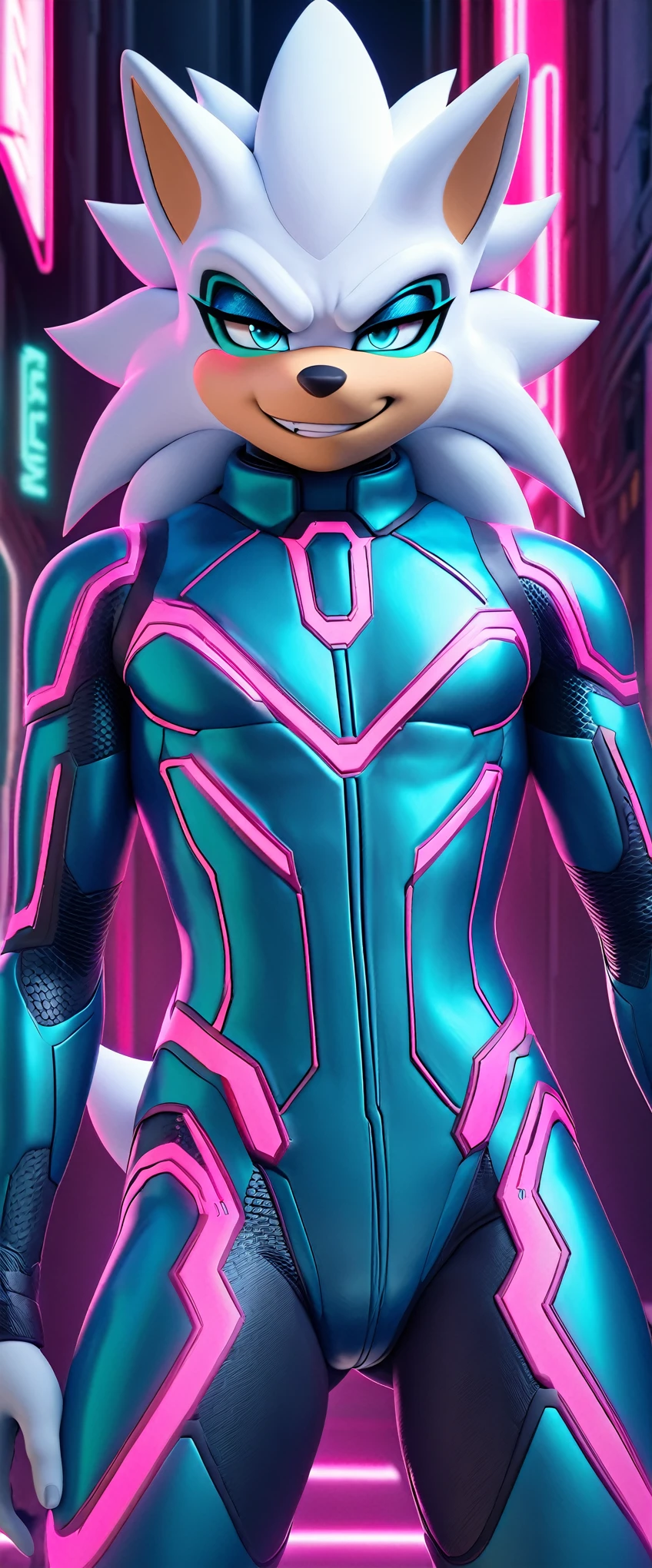 (((masterpiece:1.5, 4K, 8K))), a (((full body))) high quality digitally drawn rendered image ((by SEGA)) of A solo male anthro ((silver—white hedgehog)), with glowing blue eyes, ((metallic blue eyeliner:1.5)), (((tan muzzle))), wearing a (((sci-fi bodysuit))) stands in a neon-lit cyberpunk city The android's bodysuit is adorned with (((bright teal coloring:1.5))) with (((neon pink accents:1.4))), and intricate android seams, creating a futuristic look. the android has a seductive smirk on his face