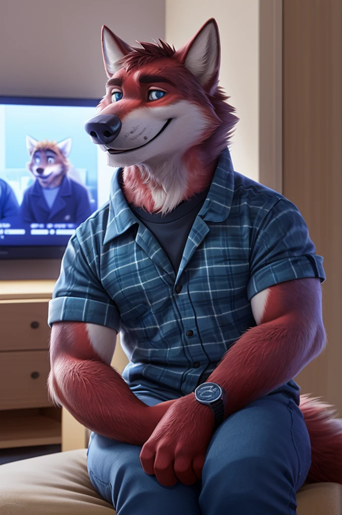 Ivan Fedorovich Wolfbach (Novosibirsk) ,tall handsome, wolf,young, 24 years, brown fur,Kind,(red body:1.3),beautiful blue eyes,Novosibirsk,dressed, plaid shirt, jeans,socks,canine, wolf, detailed fur, male, second, paw pads, finger claws,At the viewer, 5 fingers, paws, 5 fingers, smile, wrist watch, т nextel,by xenoforge, (difficult, high detail, digital photography, soft focus, RAW variety дома, apartment,TV,wall,TV,Very close to the camera, variety,Novosibirsk, smile, good mood, positive, Very close to the camera, plaid shirt, 
Photorealism, realistic, photorealistic, digital style, Subsurface scattering,I look at the viewer,is sitting, looks at the mirror, men&#39;s cosmetics, perfume perfumery, plaid shirt, 
masterpiece, Best quality, ultra realistic, 8 thousand.)