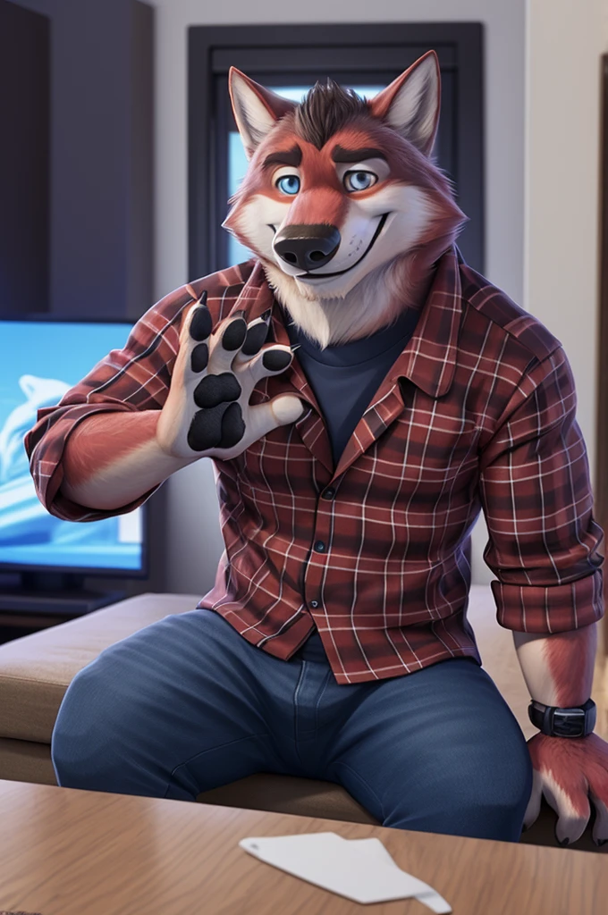 Ivan Fedorovich Wolfbach (Novosibirsk) ,tall handsome, wolf,young, 24 years, brown fur,Kind,(red body:1.3),beautiful blue eyes,Novosibirsk,dressed, plaid shirt, jeans,socks,canine, wolf, detailed fur, male, second, paw pads, finger claws,At the viewer, 5 fingers, paws, 5 fingers, smile, wrist watch, т nextel,by xenoforge, (difficult, high detail, digital photography, soft focus, RAW variety дома, apartment,TV,wall,TV,Very close to the camera, variety,Novosibirsk, smile, good mood, positive, Very close to the camera, plaid shirt, 
Photorealism, realistic, photorealistic, digital style, Subsurface scattering,I look at the viewer,is sitting, looks at the mirror, men&#39;s cosmetics, perfume perfumery, plaid shirt, 
masterpiece, Best quality, ultra realistic, 8 thousand.)