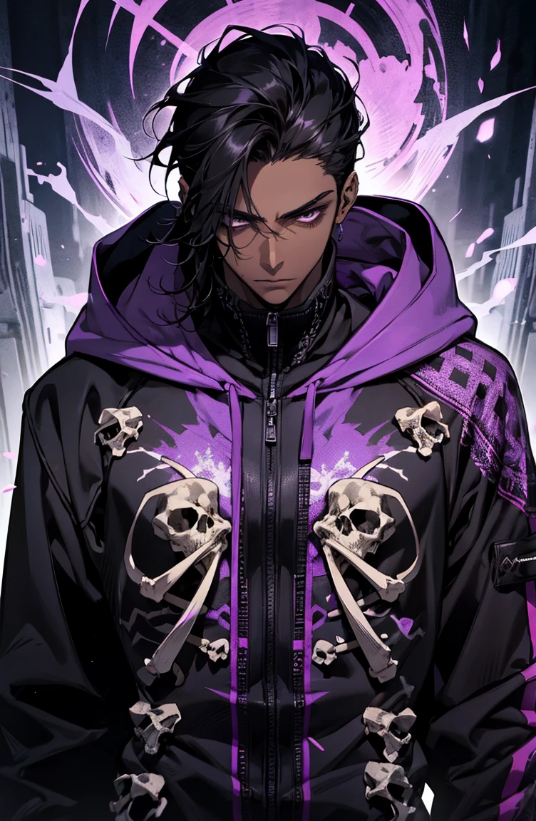 male with bones, looking away from camera, skulls, bones, handsome, black, dark skin, tall, broad shoulders, black hair, purple, purple fire, magic, detailed face, fantasy, hoodie