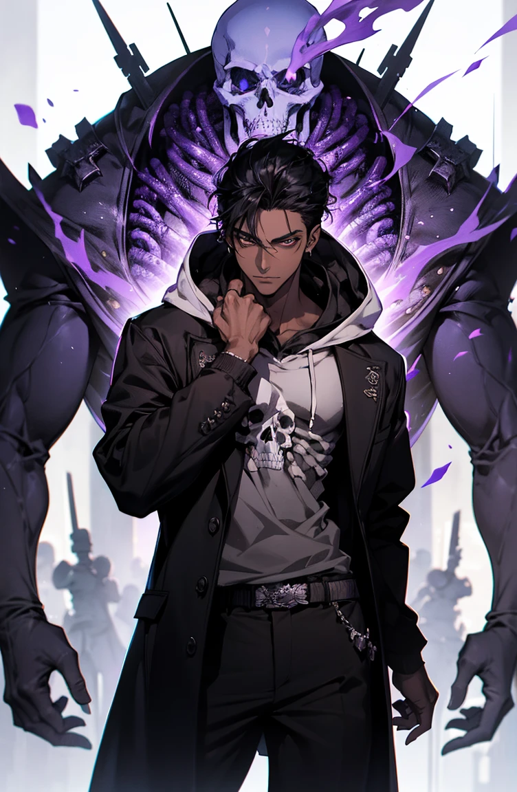 male with bones, looking away from camera, skulls, bones, handsome, black, dark skin, tall, broad shoulders, black hair, purple, purple fire, magic, detailed face, fantasy, hoodie
