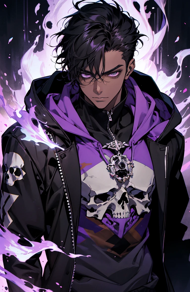male with bones, looking away from camera, skulls, bones, handsome, black, dark skin, tall, broad shoulders, black hair, purple, purple fire, magic, detailed face, fantasy, hoodie