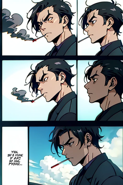 Anime Guy with short black hair smoking while annoyed, manga page with panels and dialogue  