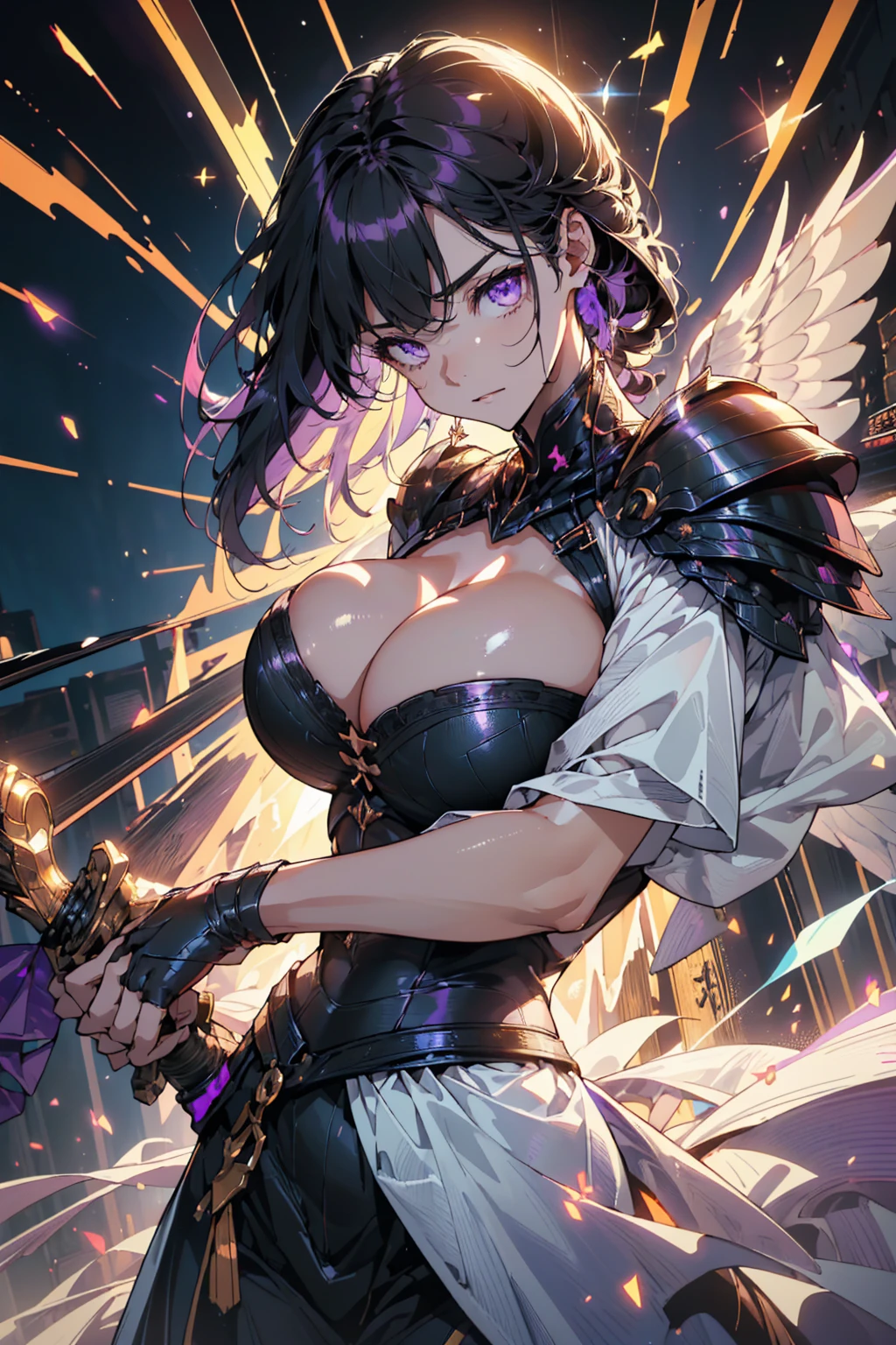 (hail knight, Solitary, 1 girl in black armor, Beautiful purple eyes, Long black hair, Purple Wings, 手里拿着huge紫色能量剑, Holding a sword:1.3), (Simple glowing background:1.25)masterpiece, best quality, Wide Angle, Ultra Detailed, masterpiece, best quality, 8K, Natural Lighting, Soft lighting, Sunlight, Human Development Report (High Dynamic Range), Maximum clarity and sharpness, Multi-layered textures,huge , Crazy breast swelling, Chest larger than shoulder blades, Big breasts and thin waist,(huge breasts:1.2),Hydrated skin((rogue))((非常huge乳房)),((Grooves reveal original skin))