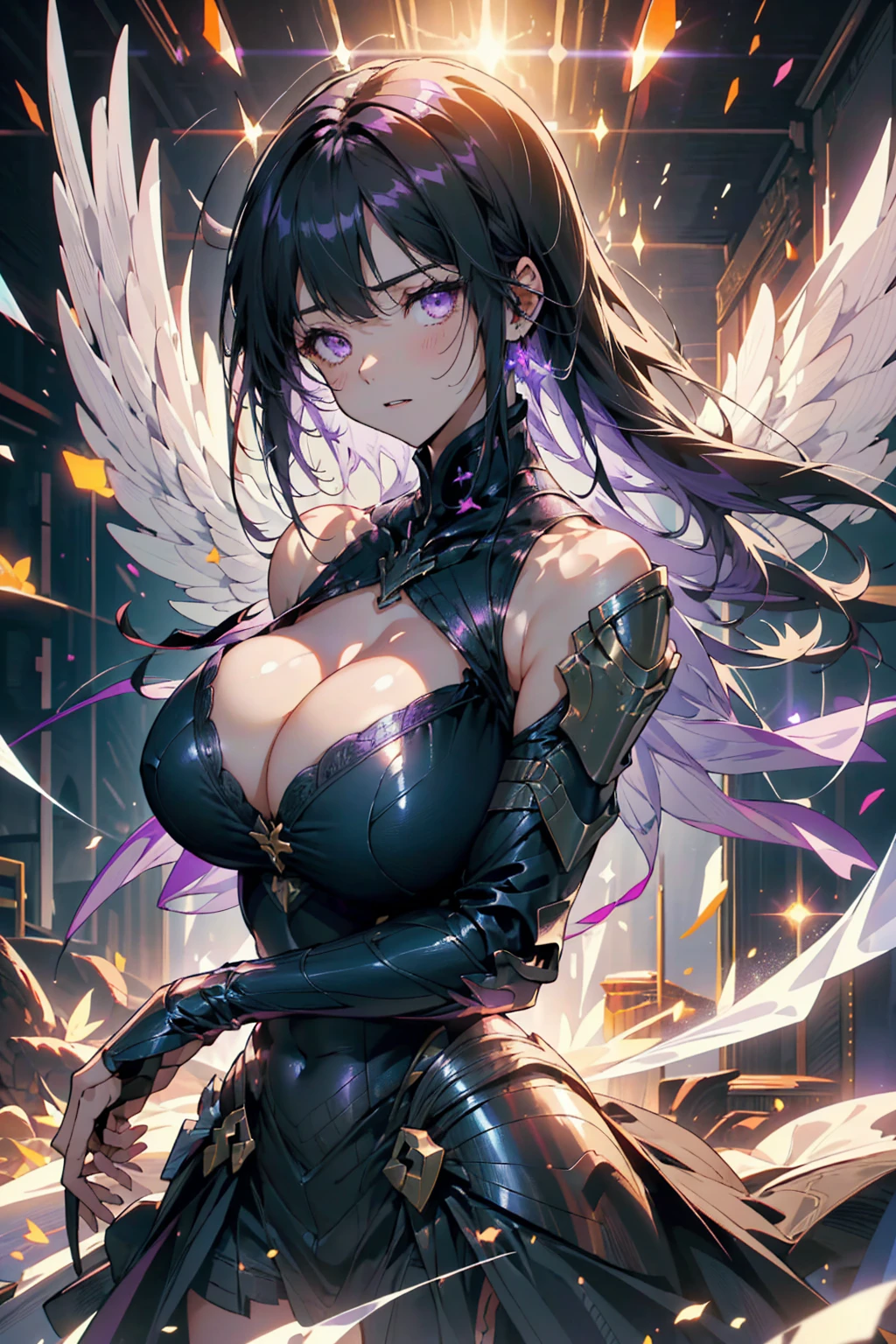(hail knight, Solitary, 1 girl in black armor, Beautiful purple eyes, Long black hair,  Purple Wings, 手里拿着huge紫色能量剑, Holding a sword:1.3), (Simple glowing background:1.25)masterpiece, best quality, Wide Angle, Ultra Detailed, masterpiece, best quality, 8K, Natural Lighting, Soft lighting, Sunlight, Human Development Report (High Dynamic Range), Maximum clarity and sharpness, Multi-layered textures，huge , Crazy breast swelling, Chest larger than shoulder blades, Big breasts and thin waist，(huge breasts:1.2)，Hydrated skin（（rogue））（（非常huge乳房）），（（Grooves reveal original skin）)
