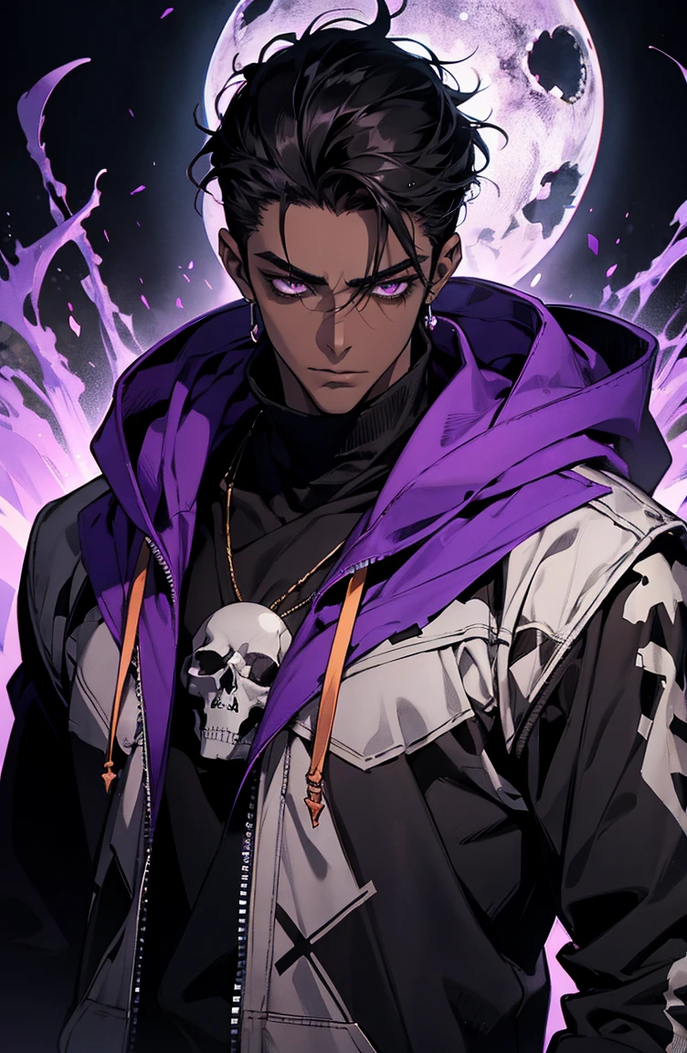 male with bones, looking away from camera, skulls, bones, handsome, black, dark skin, tall, broad shoulders, black hair, purple, purple fire, magic, detailed face, fantasy, hoodie