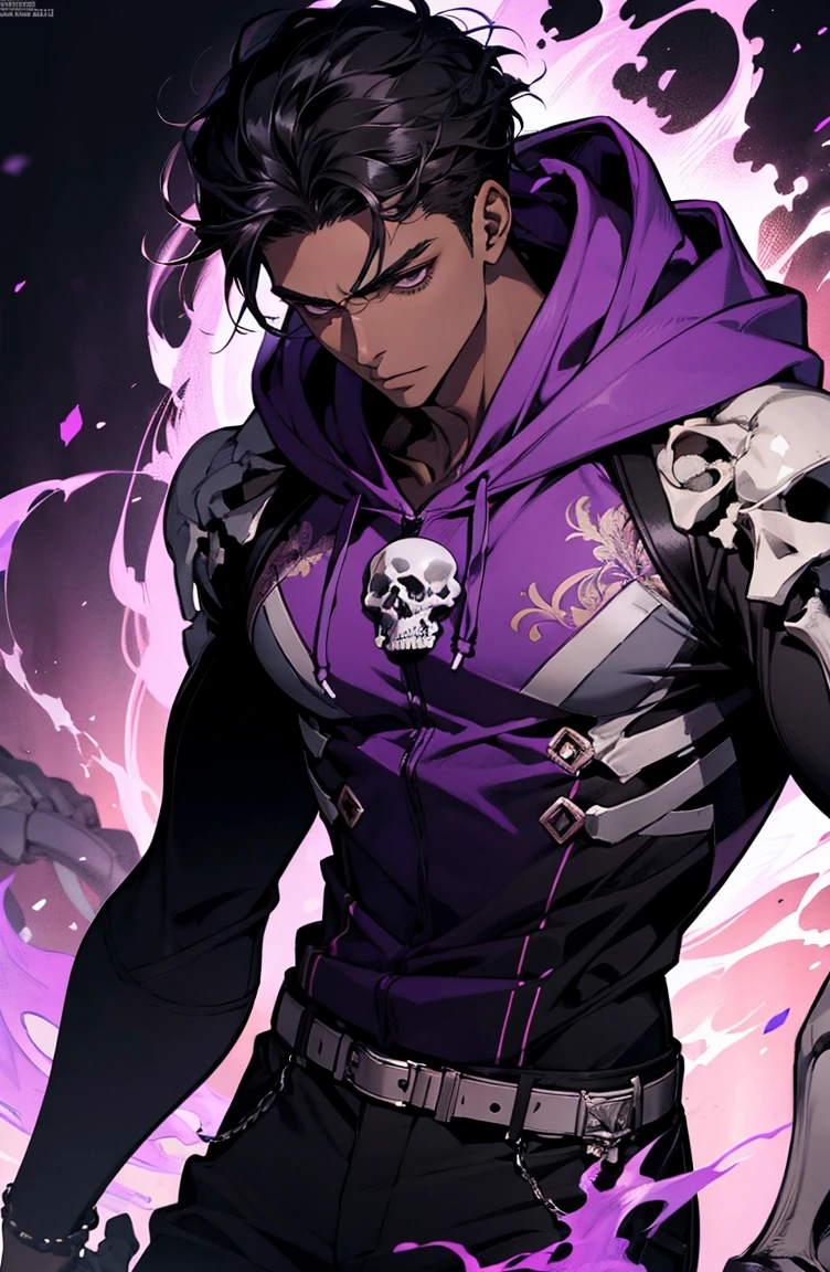 male with bones, looking away from camera, skulls, bones, handsome, black, dark skin, tall, broad shoulders, black hair, purple, purple fire, magic, detailed face, fantasy, hoodie
