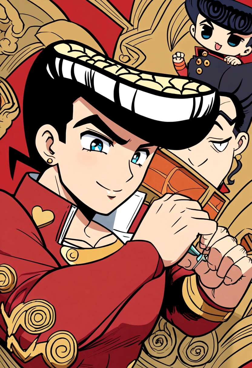 a happy muscular boy with short black hair in a red shirt being pricked by a needle anime style and similar to josuke