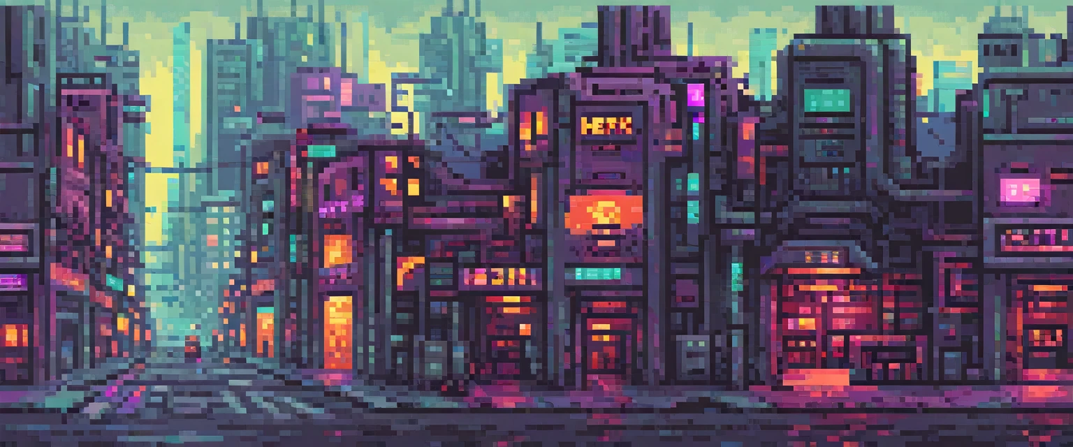 wallpaper, pixel art, futuristic character in a city controlled by robots, Retro Game, retro style characters, (work of art, best qualityer, perfect composition, very aesthetic, absurderes, ultra detali, details Intricate, proffesional, offcial art, Representative work:1.3)