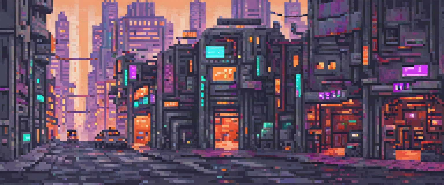 wallpaper, pixel art, futuristic character in a city controlled by robots, Retro Game, retro style characters, (work of art, best qualityer, perfect composition, very aesthetic, absurderes, ultra detali, details Intricate, proffesional, offcial art, Representative work:1.3)