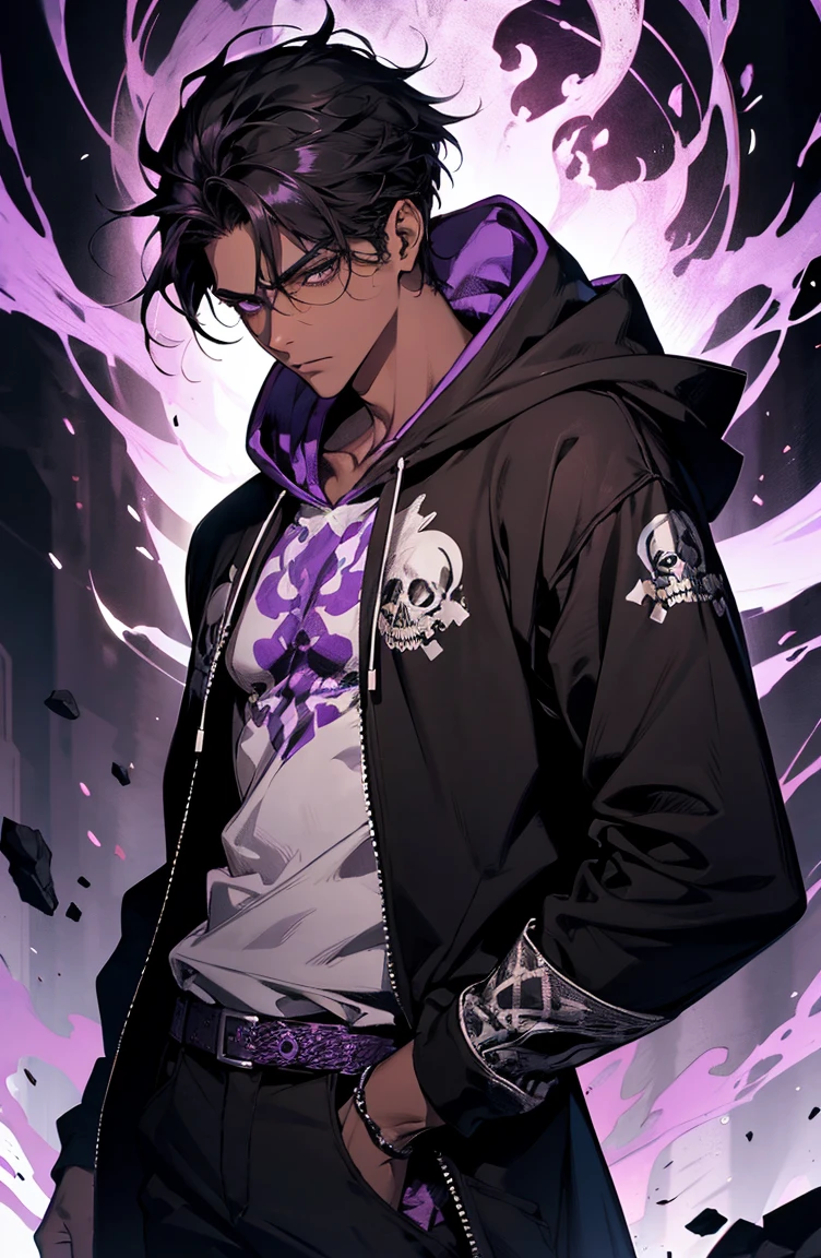 male with bones, looking away from camera, skulls, bones, handsome, black, dark skin, tall, broad shoulders, black hair, purple, purple fire, magic, detailed face, fantasy, hoodie
