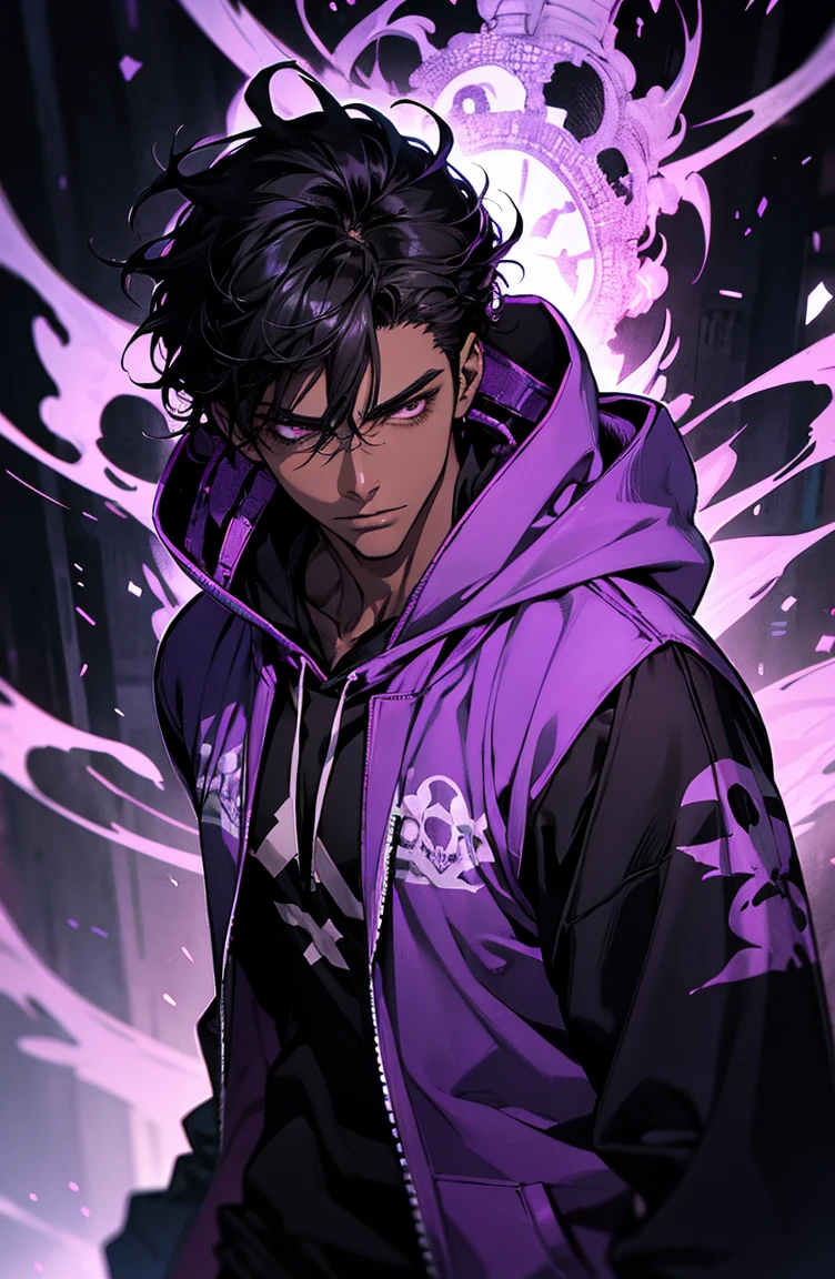 male with bones, looking away from camera, skulls, bones, handsome, black, dark skin, tall, broad shoulders, black hair, purple, purple fire, magic, detailed face, fantasy, hoodie