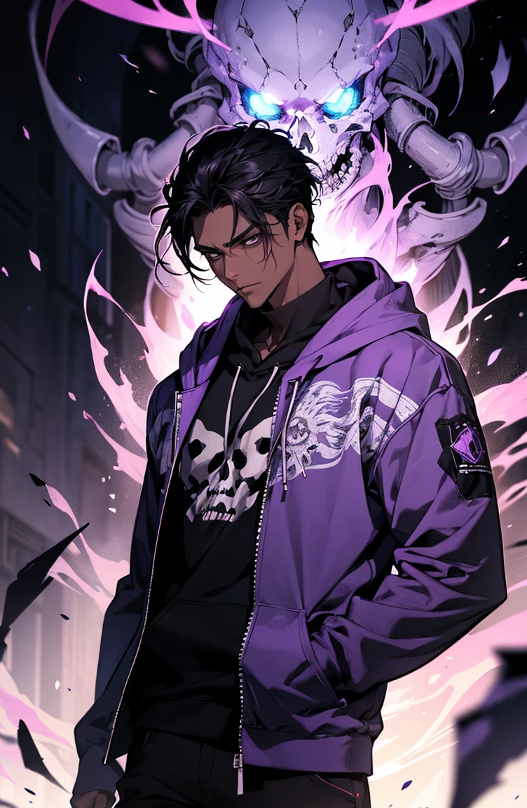 male with bones, looking away from camera, skulls, bones, handsome, black, dark skin, tall, broad shoulders, black hair, purple, purple fire, magic, detailed face, fantasy, hoodie