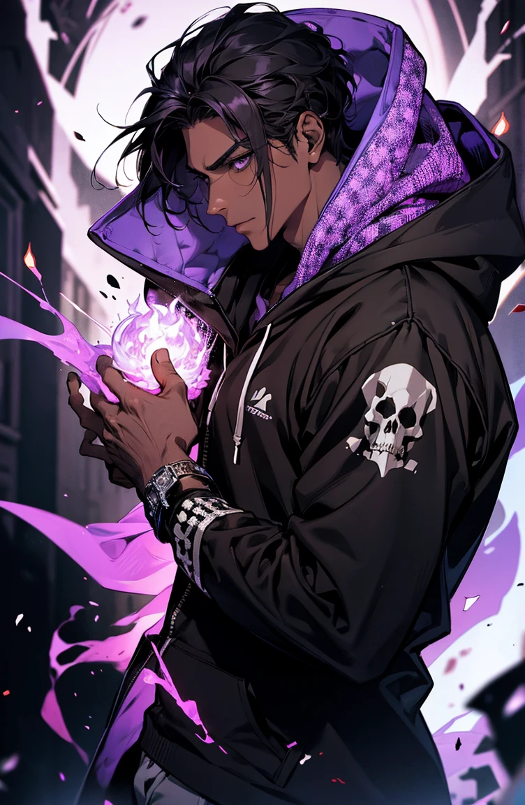 male with bones, looking away from camera, skulls, bones, handsome, black, dark skin, tall, broad shoulders, black hair, purple, purple fire, magic, detailed face, fantasy, hoodie
