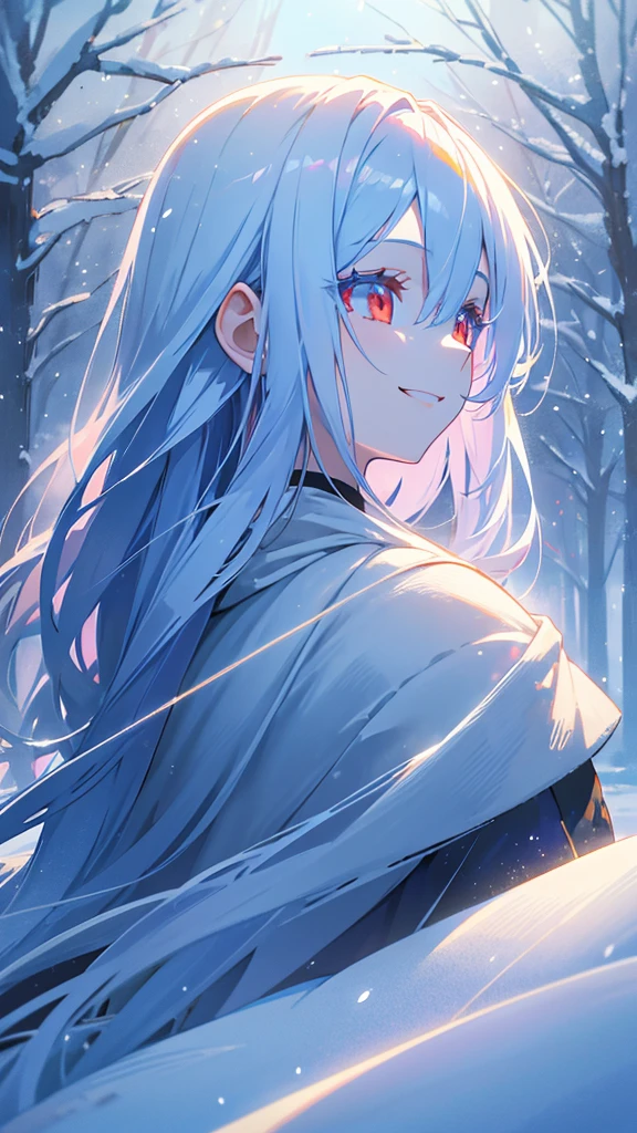 a beautiful girl with long blue hair, smiling and looking into the distance, red eyes, snowy landscape, pale blue snow, snow reflecting sunlight, rays of light, glare, high quality, highly detailed, masterpiece, anime style