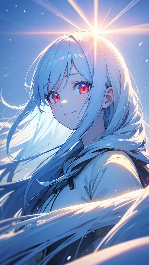 a beautiful girl with long blue hair, smiling and looking into the distance, red eyes, snowy landscape, pale blue snow, snow reflecting sunlight, rays of light, glare, high quality, highly detailed, masterpiece, anime style