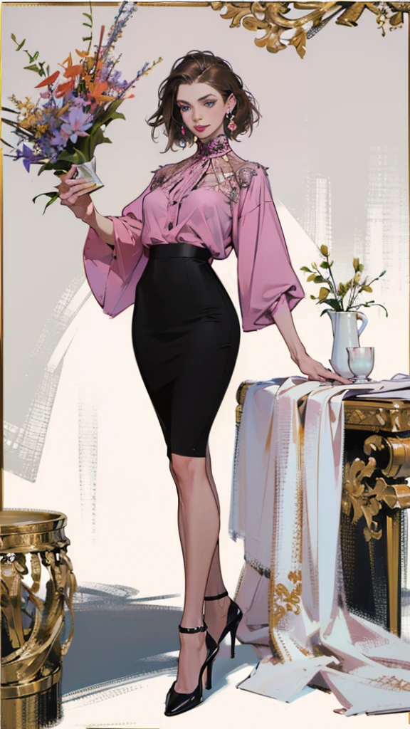 ((best quality,4k,highres,masterpiece:1.2)),((character concept art)), 1 female, 33-year-old university teacher, ((elegant, ethereal beauty)), brunette hair, (fair skin colour), ultra finely detailed eyes (hazel eyes colour), hot, intelligent, educational enthusiast, slim body build, ((intricate detail)), super finely detailed hands, ultra finely detailed fingers(((ten fingers))), wearing outfit:((form-fitting blouse, pencil skirt, heels)), (standing professionally), (full body showcase), (show full body), (no logos on background), (no logo), ((plain background)), ((plain background)), (((empty background)))