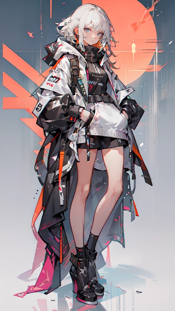 a girl with long yellow hair, blue eyes, wearing an orange hoodie and black heels, in a cyberpunk setting with her hand in her pocket, pink background