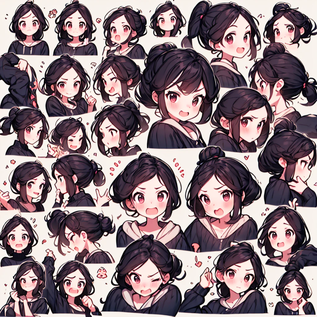 Cute girl avatar，red hair, glasses, emoji pack，(9 emojis，emoji sheet，Align arrangement)，9 poses and expressions（Grieving，astonishment，having fun，excitement，big laughter，angry，doubt，Touch your head，Sell moe, wait），Anthropomorphic style，Disney style，Black strokes，Different emotions，9 poses and expressions，8K