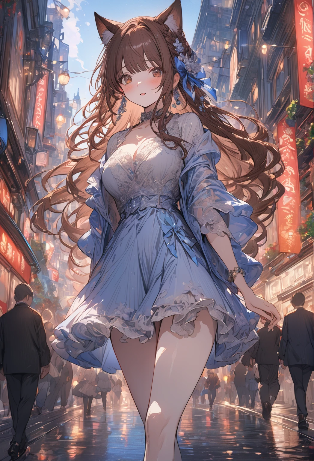 ((masterpiece:0), best quality, very aesthetic, newest, absurdres, detailed, high quality)
BREAK
highest quality, top quality, details, highres, ultra fine painting, digital art, official art, cinematic, 4k, 8k resolution, 8K CG wallpaper, CG, original artwork, detailed background, colorful background, blue atmosphere, High Dynamic Range, blurry background, blue hour, Starburst effects, crepuscular rays, good ISO, high resolution, wide shot, from far away, RAW photo, POV, sharp focus, light reflection, reflections, intricate details, soft light, particle noise, professional photography, bokeh, depth of field, natural lighting, vibrant colors, looking away, detailed lights and shadows, stylish, ultra-detailed, top rated on Pixiv, trending on Artstation, niji style, modern-days, master crafted, pose
BREAK
solo, 1girl, a girl, correct fingers, detailed hair, (medium big breasts:1.2), big thighs, short torso, short body, flushtered, blush, anxious expression, casual, slim, ((cute, childlike face):1.3), nice hips, nice body, brown hair, (long flowing hair:1.1), big 2 buns hairstyle, long bangs, long hair, middle hair bangs, brown eyes
BREAK
((colorful outfit), open mouth smiling, off shoulder crop top, short skirt, headphone, jacket, casual cap, belts, straps, choker, gloves, boots, (stockings), garterbelt, accessories, outfit ornaments, sneakers, kemonomimi, 1 tail, correct tail, (full body))
BREAK
a person walking down a street with a crowd of people, crowded street, crowded streets, in front of a large crowd, giant crowd, girl walking through city, people walking down a street
