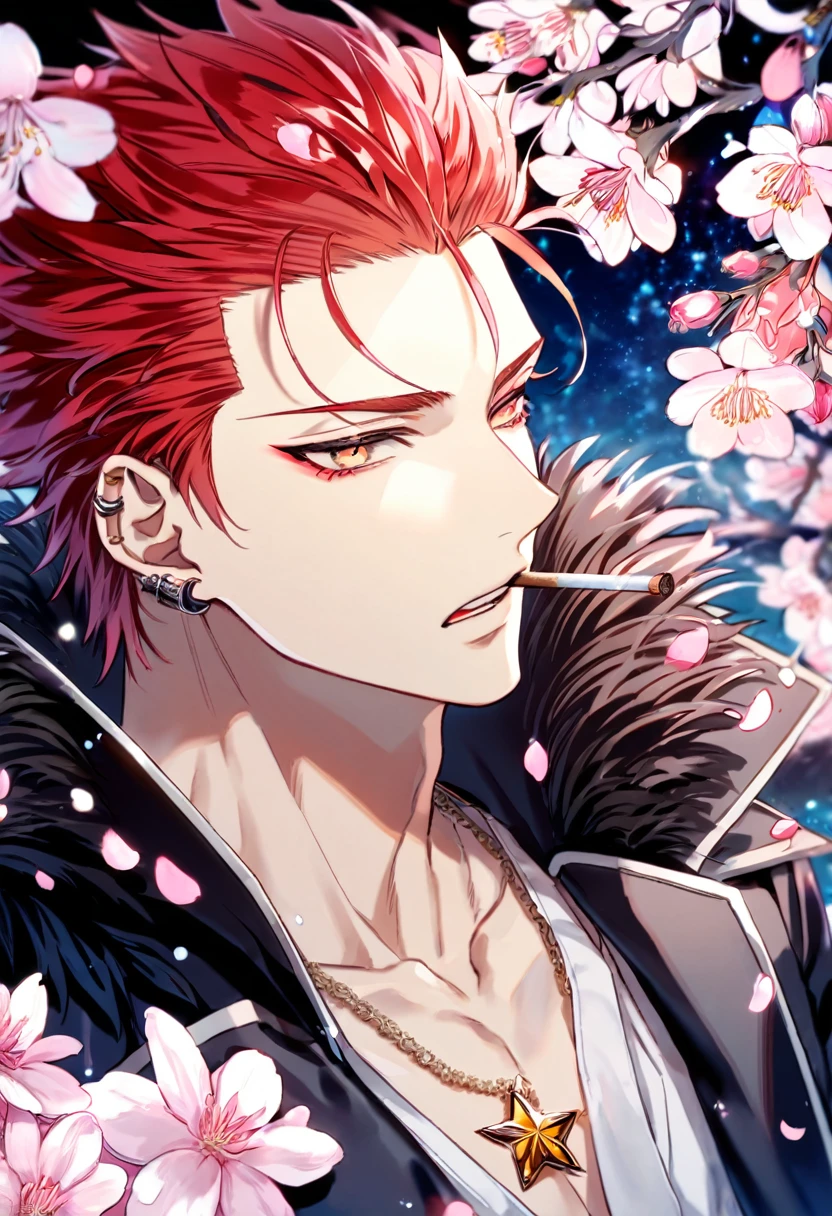absurdres, highres, ultra detailed, HDR, master piece, Suoh Mikoto, red hair, hair is kept short, ruffled, slicked back and spiked, with two strands of hair near the opposite sides of his head falling over his face, expressive amber eyes, K Project, black leather jacket with fur, white v-neck shirt, star neckle, sexy man, handsome, best quality, blossoms, pink petals, pink flowers, water, fantasy, magical, blue shining fireflies, a piercing, solo, toned chest, smoking
