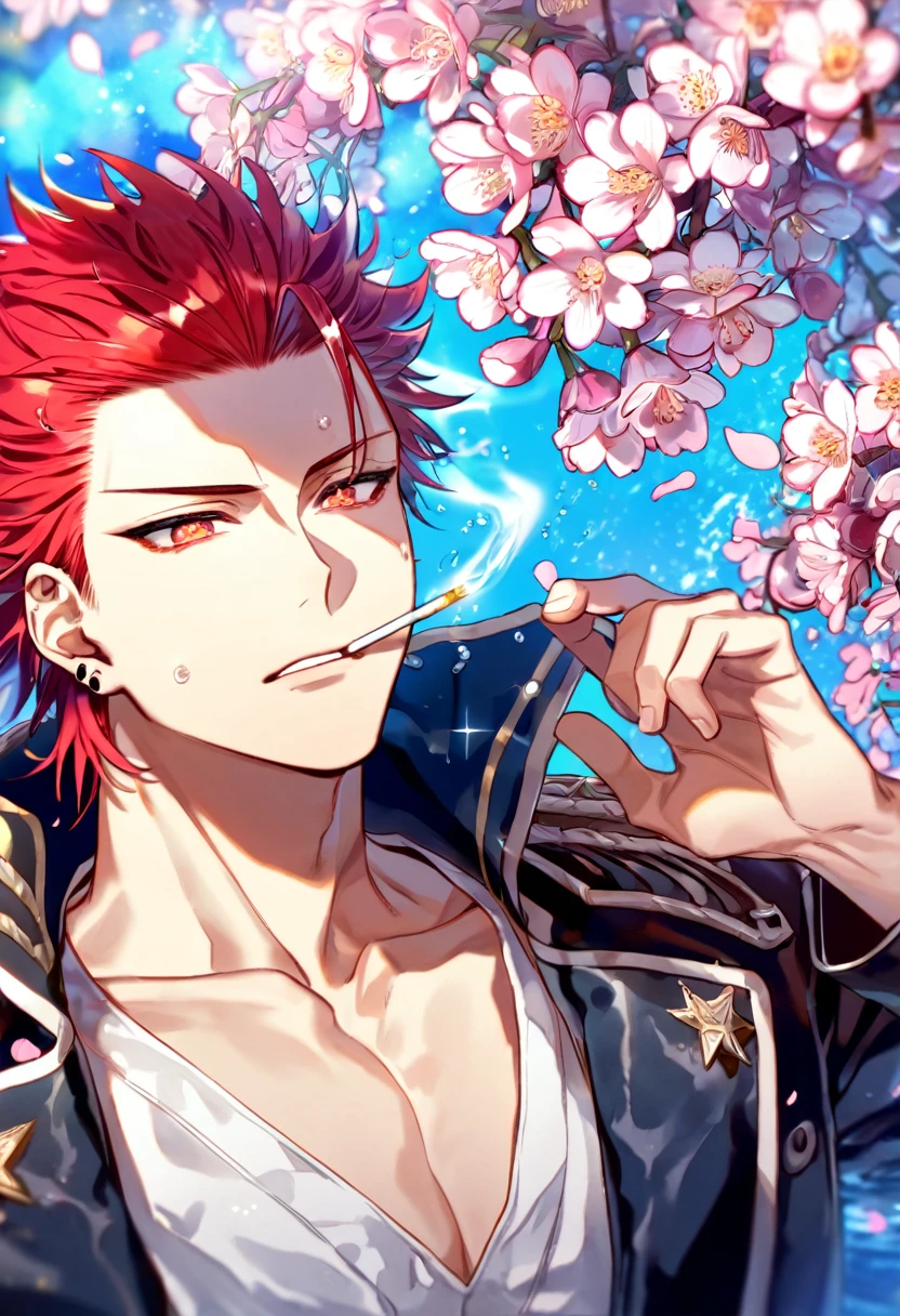 absurdres, highres, ultra detailed, HDR, master piece, Suoh Mikoto, red hair, hair is kept short, ruffled, slicked back and spiked, with two strands of hair near the opposite sides of his head falling over his face, expressive amber eyes, K Project, black leather jacket with fur, white v-neck shirt, star neckle, sexy man, handsome, best quality, blossoms, pink petals, pink flowers, water, fantasy, magical, blue shining fireflies, a piercing, solo, toned chest, smoking