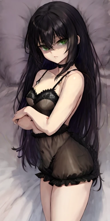 High resolution, high res, good anatomy, Anime cartoon girl with dark brown hair and Fluorescent yellow highlights, green eyes, Anime style portrait, in an anime style, in anime style, anime goth girl, neutral mouth expression, neutral face expression, (((((busty, massive breasts, wide hips, massive ass))))), (((((single loose black long translucent nightgown, small black shorts under night gown, small tight black bra))))), (laying in bed, morning sunlight), 