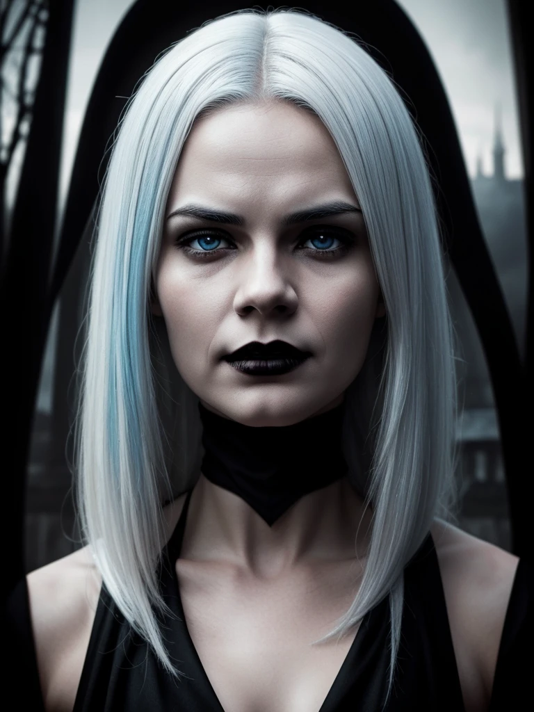 For your cinema launch poster for Igor Santos&#39; film “Hell Girl” & Aline Venzke, produced by Visionário Estúdios, imagine the following design:

center image: A stunning woman with snow-white hair, light blue eyes and white skin. She is facing the camera with a serious and determined expression., conveying a villainous aura reminiscent of the character from the 2011 film “Hell From Hell”.
fund: A deep, dark night sky that melts into intense black, punctuated by silhouettes of distant houses, creating a mysterious and dark atmosphere.
Additional Elements: Subtle touches of blood in the corners of the poster, suggesting a vampiric nature without being overly graphic. The woman&#39;s lips are prominent and dyed a dark red, giving a more dynamic and seductive look to the image.
Title: The title “Hell Girl” is highlighted in a gothic or modern font, with a subtle touch of red to complement the dark theme.