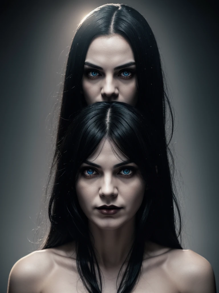 For your cinema launch poster for Igor Santos' film “Hell Girl” & Aline Venzke, produced by Visionário Estúdios, imagine the following design:
center image: A stunning woman with snow-white hair, light blue eyes and white skin. She is facing the camera with a serious and determined expression., conveying a villainous aura reminiscent of the character from the 2011 film “Hell From Hell”.
fund: A deep, dark night sky that melts into intense black, punctuated by silhouettes of distant houses, creating a mysterious and dark atmosphere.
Additional Elements: Subtle touches of blood in the corners of the poster, suggesting a vampiric nature without being overly graphic. The woman's lips are prominent and dyed a dark red, giving a more dynamic and seductive look to the image.
Title: The title “Hell Girl” is highlighted in a gothic or modern font, with a subtle touch of red to complement the dark theme.