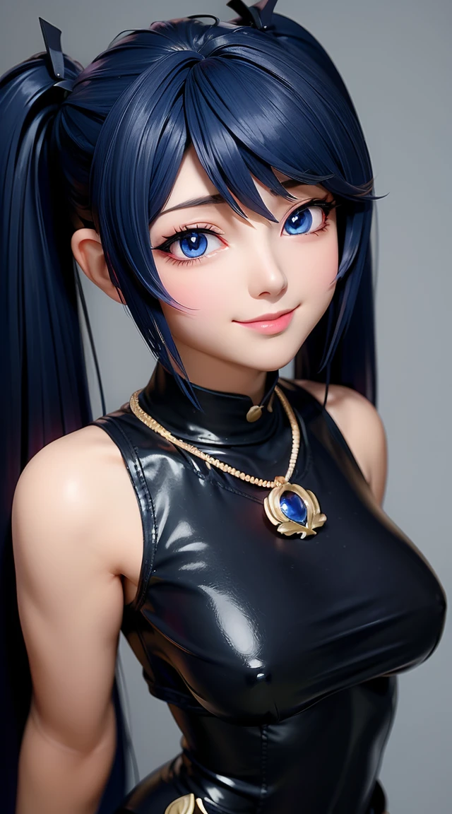 (masterpiece:1.3), (Best Quality:1.3), (Ultra-detailed:1.2), ((kawaii)), Cute, (lovely), ((sexy)), ((Extremely detailed)), 4K, (8K), Best Quality, (Beautiful), Illustration, anime style, (bold line:1.2), Gradation, looking at viewer, //, (bent down:1.1), (arms behind back), //, a cute girl, 1girl, (solo:1.2), gleaming skin, //, (flat chested), (Perfect eyes:1.2), (Perfect iris:1.2), //, darkblue hair color, (beautiful eyes) //, (half closed eyes:1.3), (sexual expression:1.2), Fascinated expression, smile, (blush:1.2), //, modern city background, on rock, twin tails, muscle girl, hard abs, exposed abs, NECKLACE, tight blouse, skirt, heavy armor suit, mecha musume, underboobs, tank top