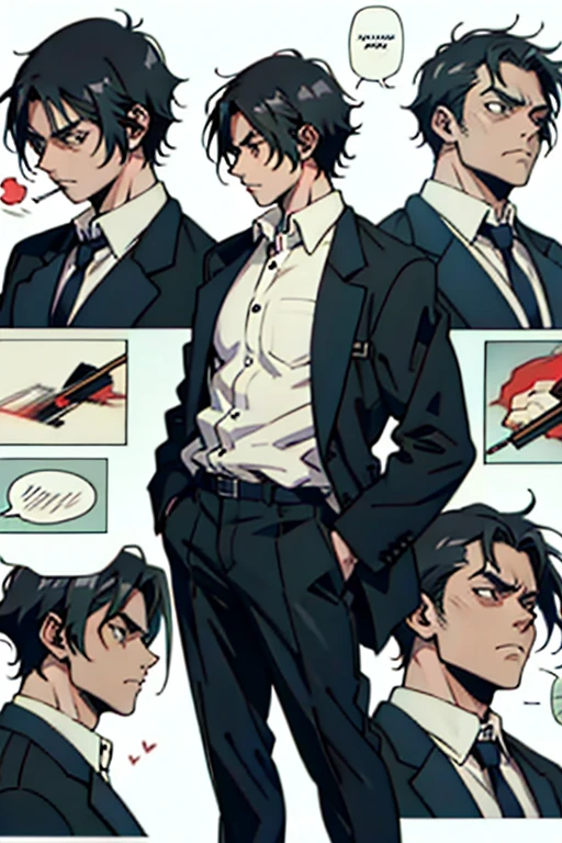 Anime Guy with short black hair smoking while annoyed, manga page with panels and dialogue