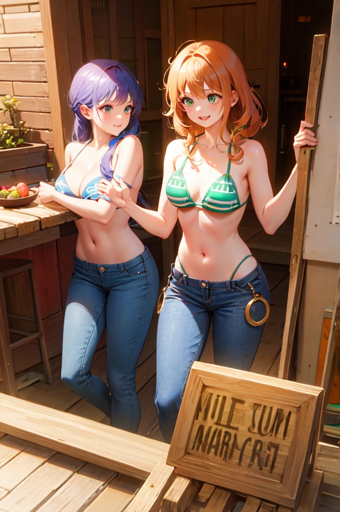 (masterpiece, best quality:1.2), intricate details, nami cosplay, bikini, jeans, light smile, valorantViper, green eyes