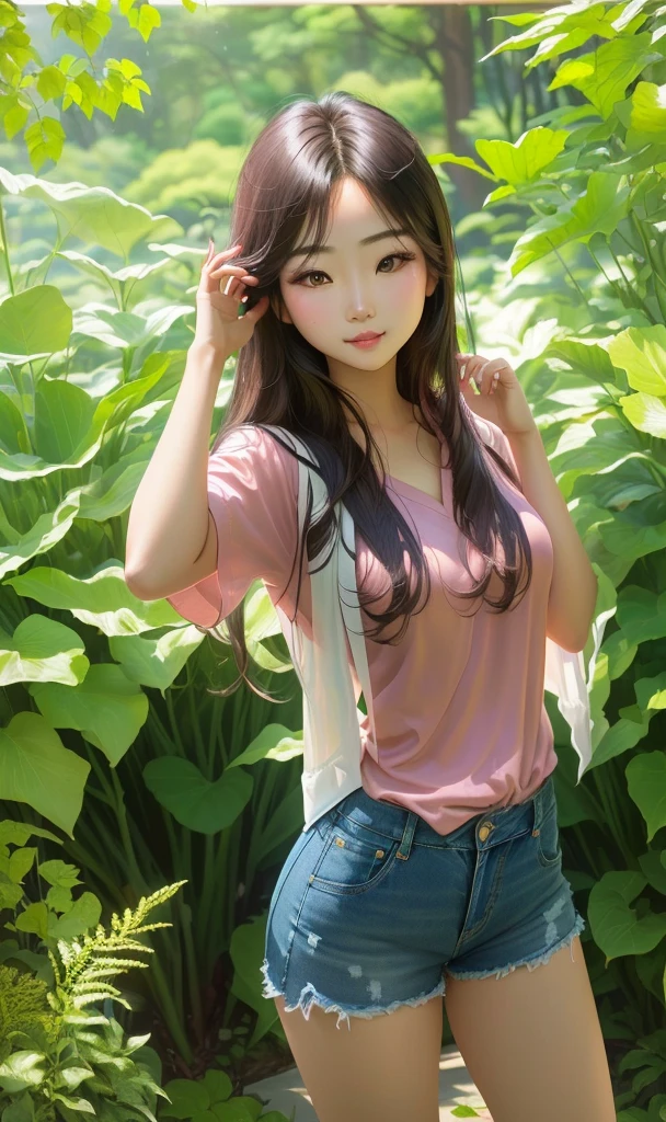 Arafed Asian woman in a pink shirt and denim shorts poses for a photo, beautiful Asian, korean girl, beautiful young Korean woman, realisti. cheng yi, Beautiful young Korean girl, beautiful girl model, beautiful model girl, beautiful south korean woman, Asian, young Asian, attractive anime girl, Asian with long hair, ultrarealisti sweet bunny girl